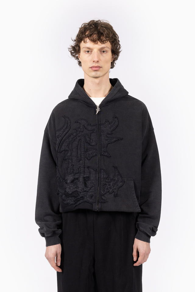 DISTRESSED PATCH BLACK WASHED FRONTZIP