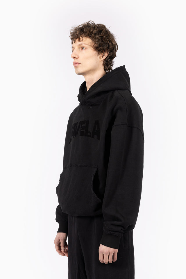 PUFF DISSTRESSED BLACK HOODIE