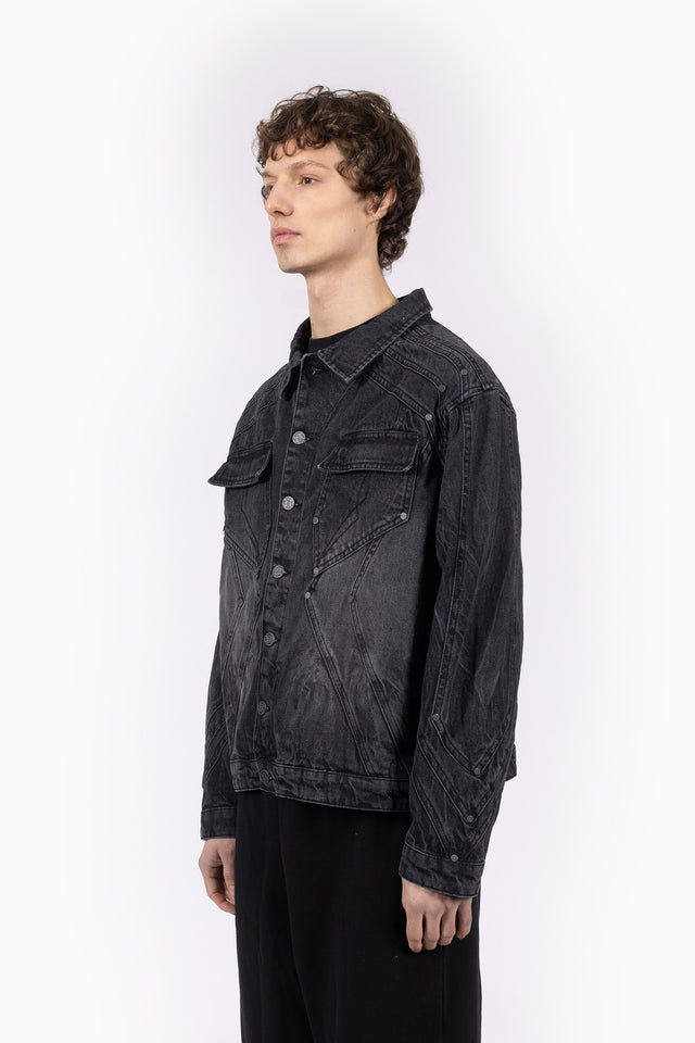 HEAVY CUTLINE BLACK WAVE WASHED DENIM JACKET