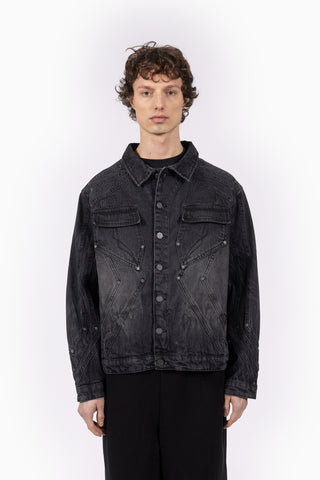 HEAVY CUTLINE BLACK WAVE WASHED DENIM JACKET