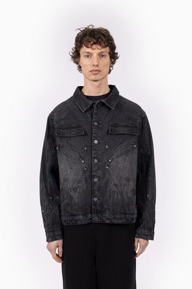 HEAVY CUTLINE BLACK WAVE WASHED DENIM JACKET