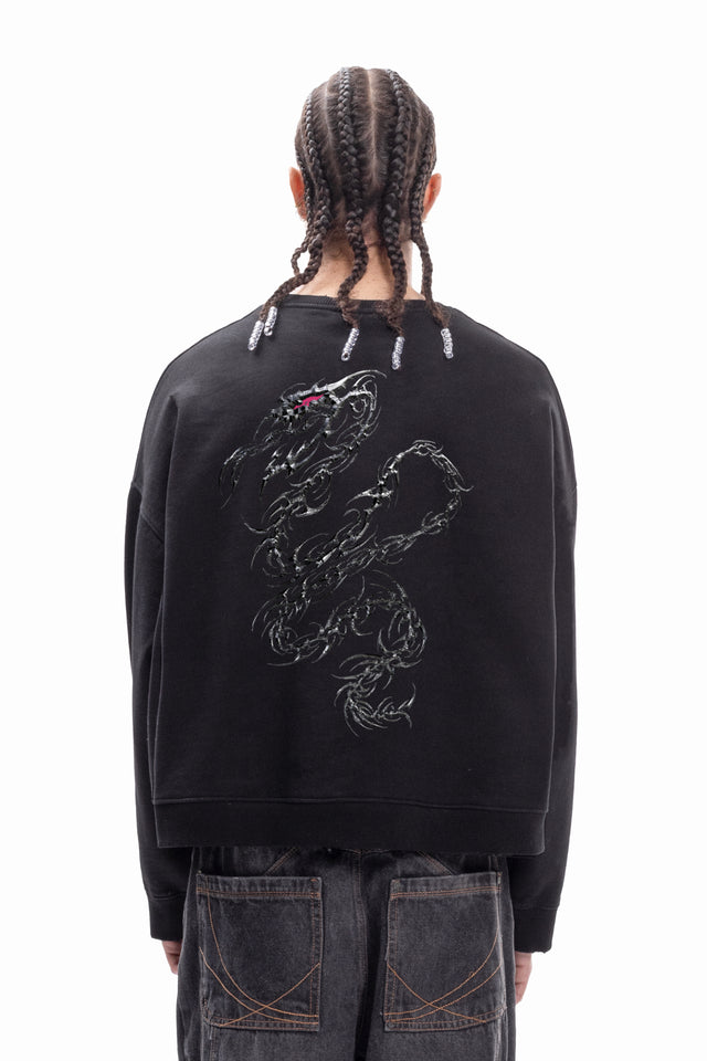 CHROME TRIBAL SNAKE BLACK BOXY CREWNECK