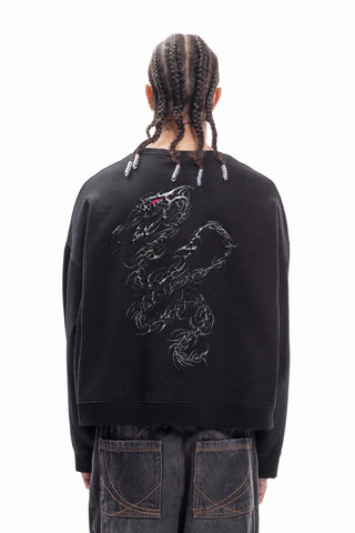 CHROME TRIBAL SNAKE DISTRESSED BLACK BOXY CREWNECK