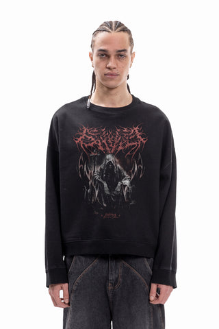 SORCERER DISTRESSED BLACK BOXY CREWNECK