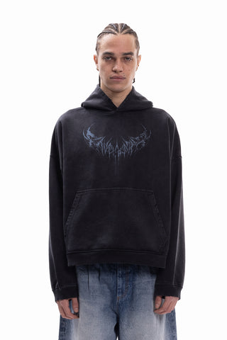 SPIKY DEATH METAL DISTRESSED BLACK WASHED BOXY HOODIE