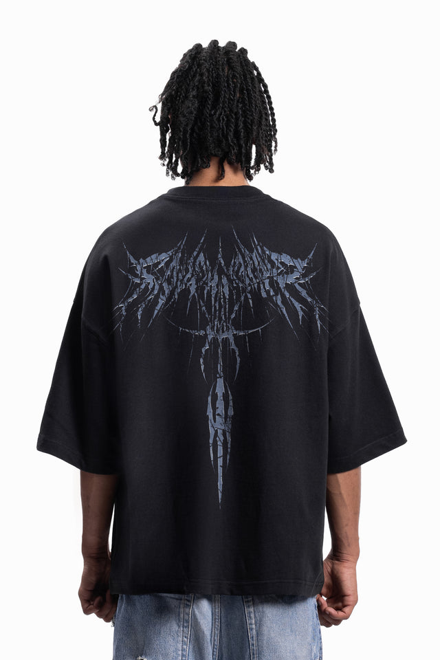 SPIKY DEATH METAL DISTRESSED BLACK BOXY T-SHIRT