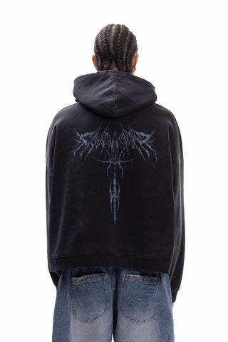 SPIKY DEATH METAL DISTRESSED BLACK WASHED BOXY HOODIE