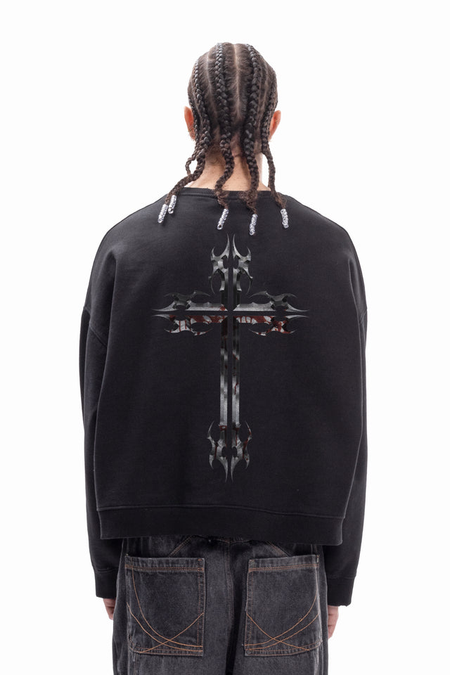 CHROME TRIBAL CROSS BLACK BOXY CREWNECK