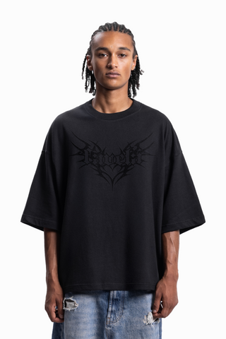 BASIC BLACK TRIBAL BOXY DISTRESSED BLACK WASHED T-SHIRT