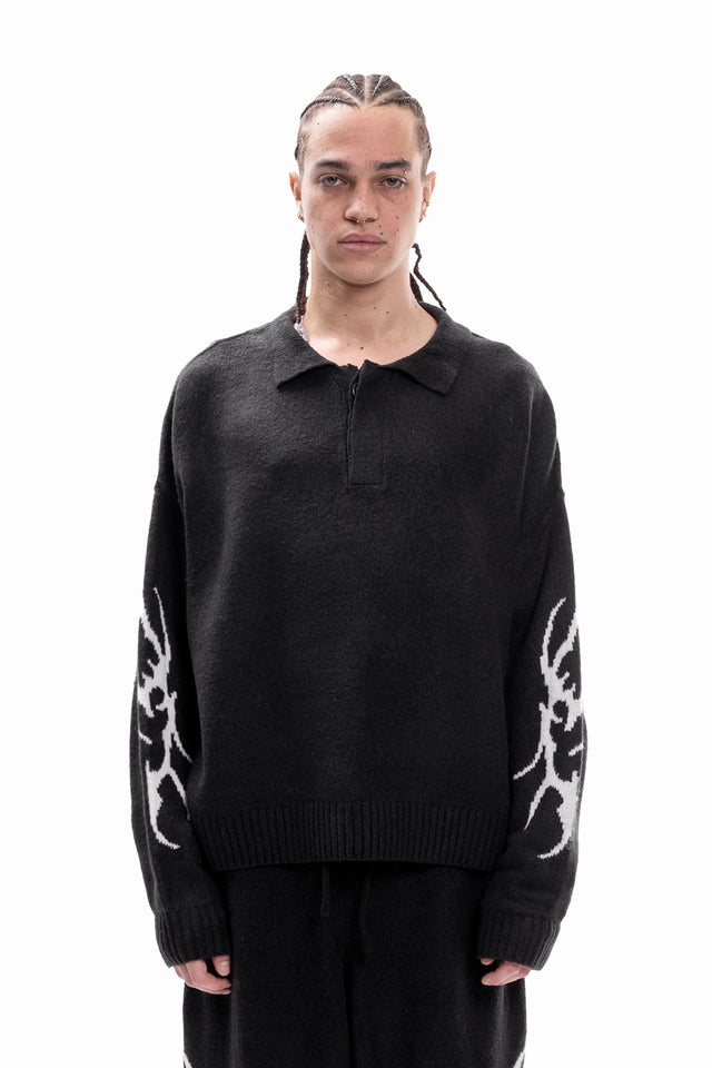 TRIBAL KNIT POLO SWEATER BLACK
