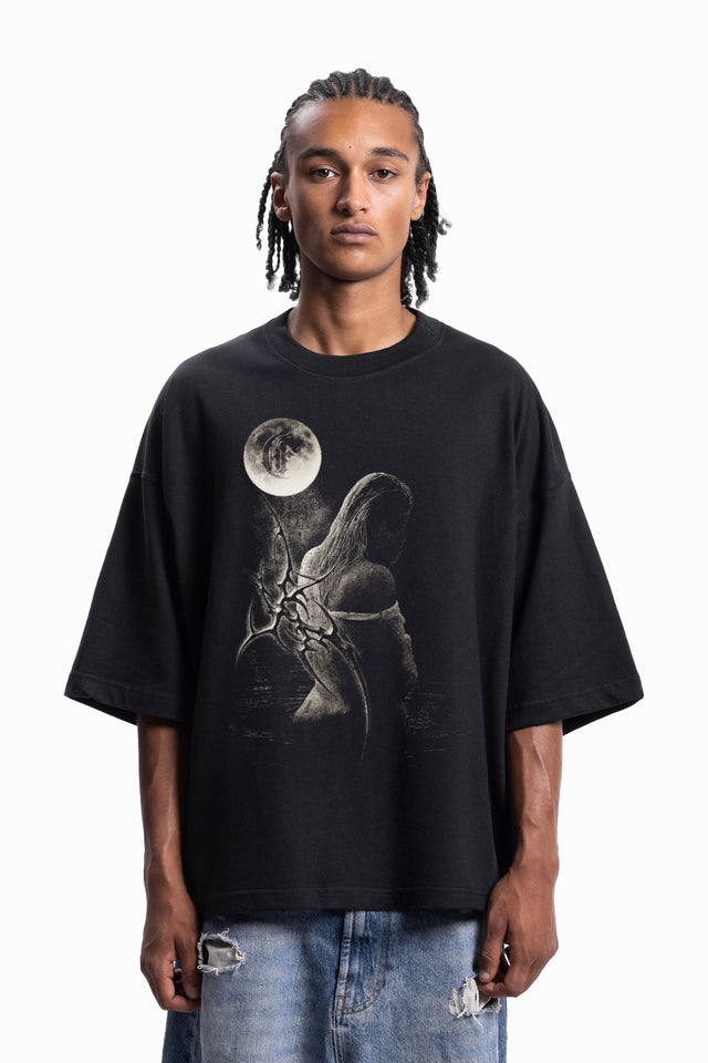 TRIBAL MOON GIRL DISTRESSED BLACK BOXY T-SHIRT