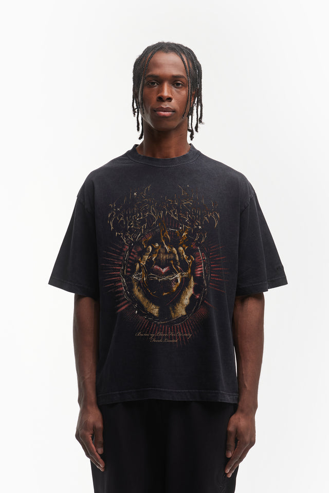 BURNING HEART BLACK WASHED DISTRESSED T-SHIRT