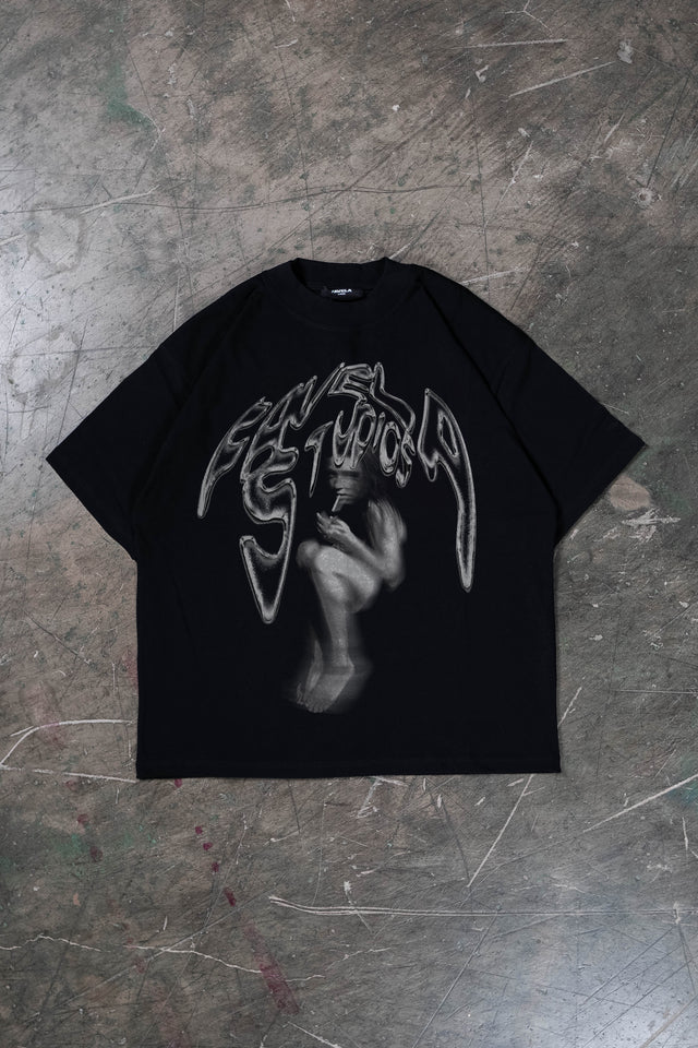 HIDING IN SHADOWS BLACK DISTRESSED T-SHIRT