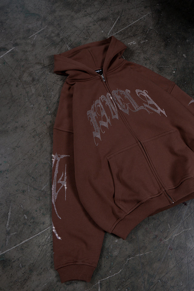RIBCAGE RHINESTONE BROWN FRONT ZIP