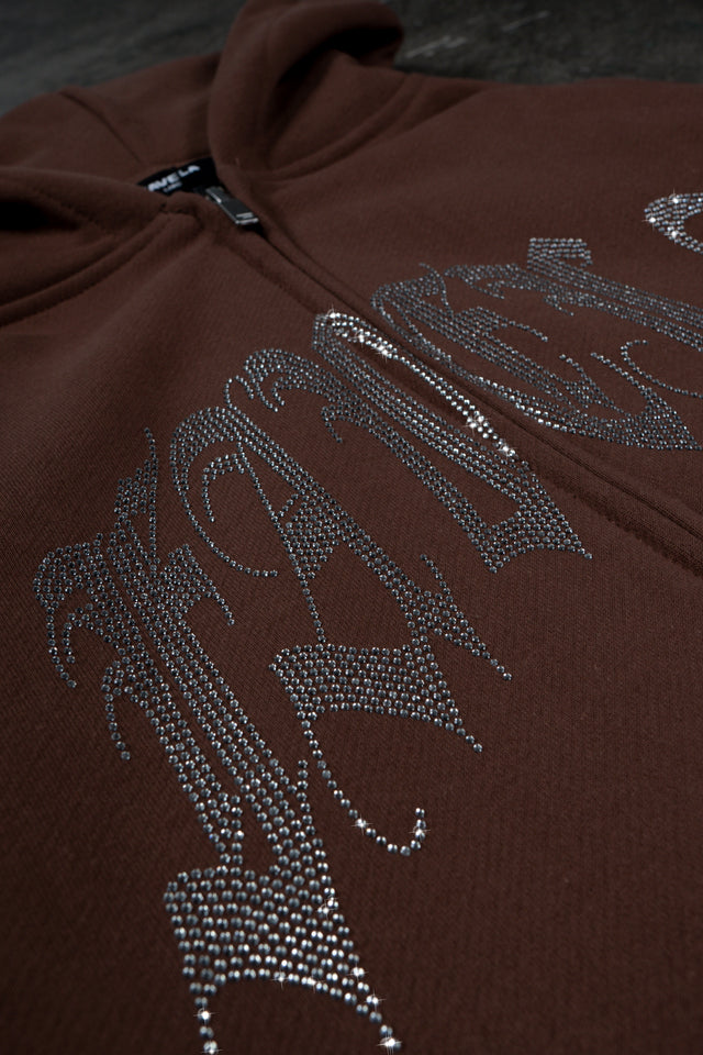 RIBCAGE RHINESTONE BROWN FRONT ZIP