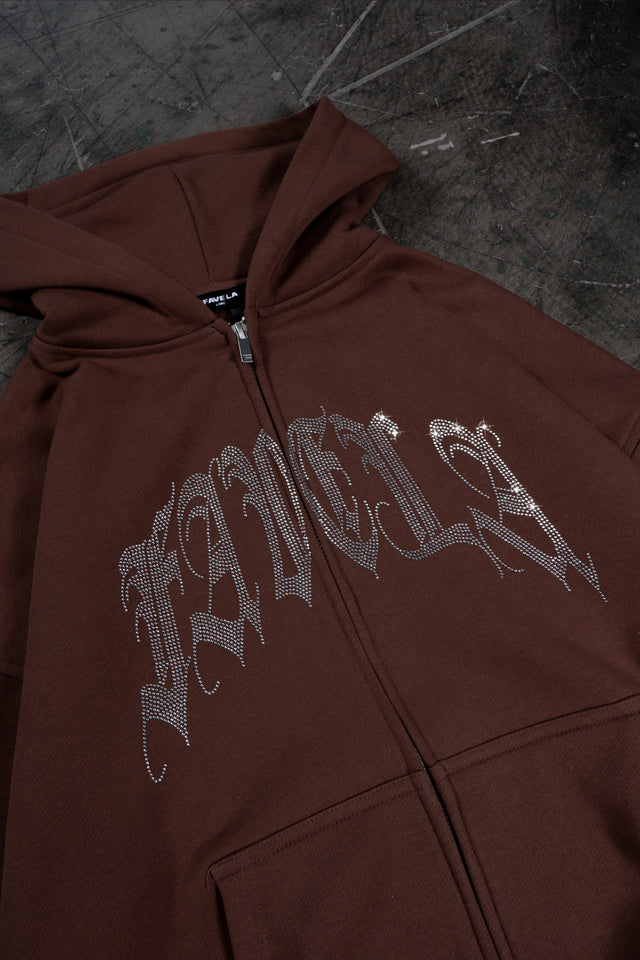 RIBCAGE RHINESTONE BROWN FRONT ZIP