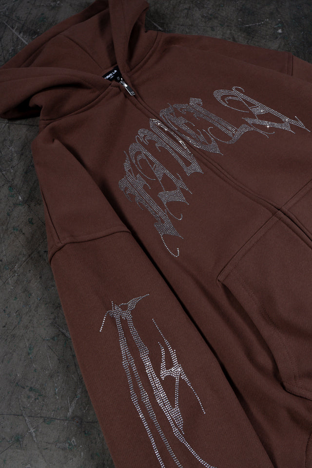 RIBCAGE RHINESTONE BROWN FRONT ZIP