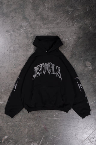 RIBCAGE RHINESTONE BLACK SNAP BUTTON HOODIE
