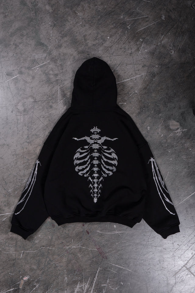 RIBCAGE RHINESTONE BLACK SNAP BUTTON HOODIE