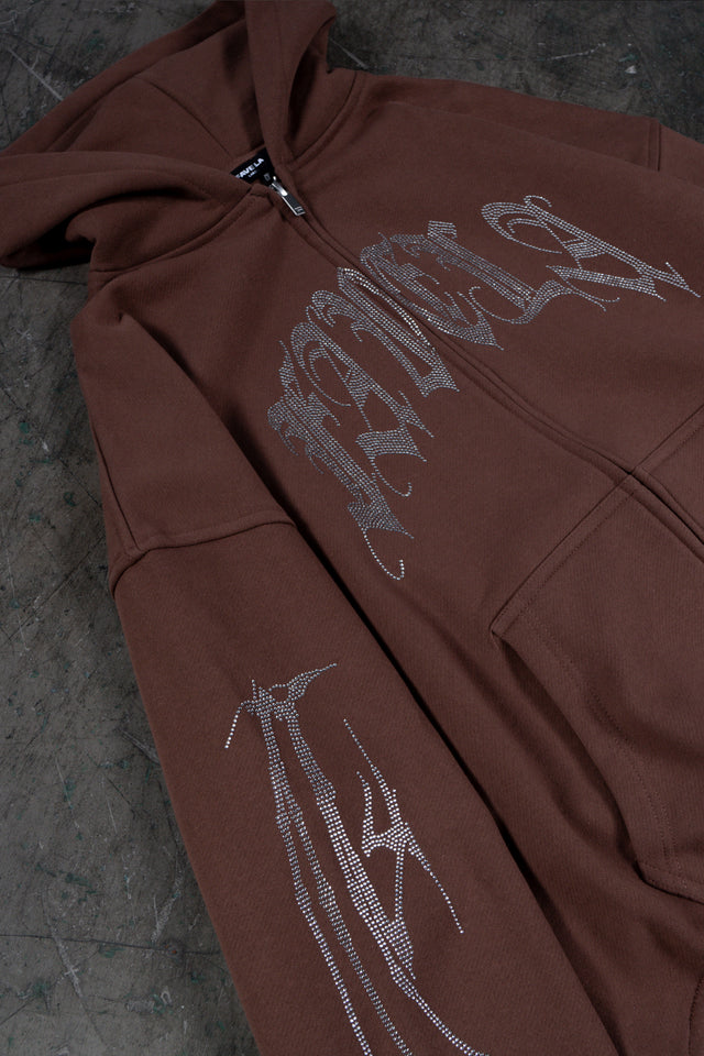 RIBCAGE RHINESTONE BROWN FRONT ZIP
