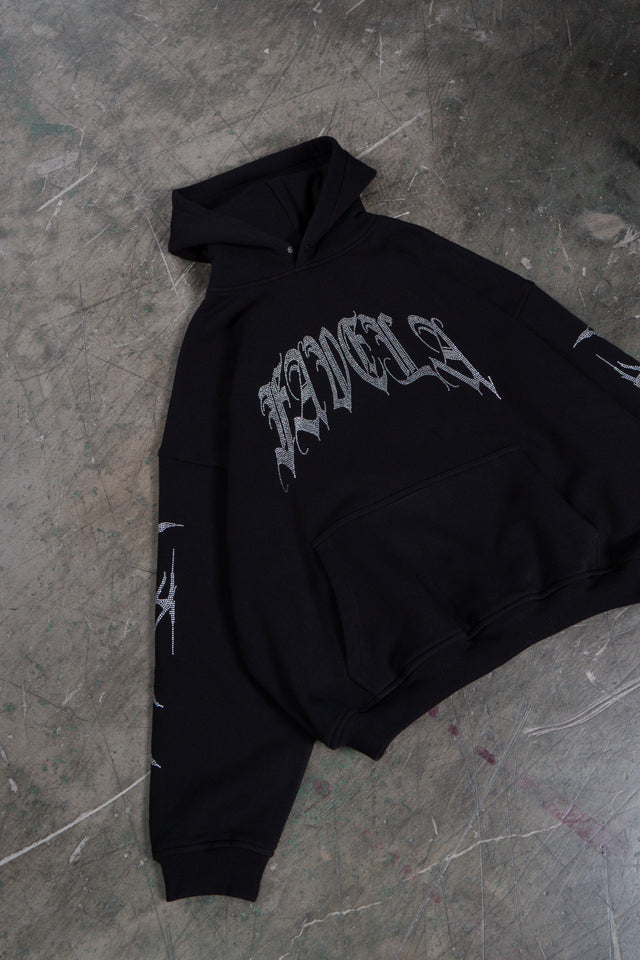 RIBCAGE RHINESTONE BLACK SNAP BUTTON HOODIE
