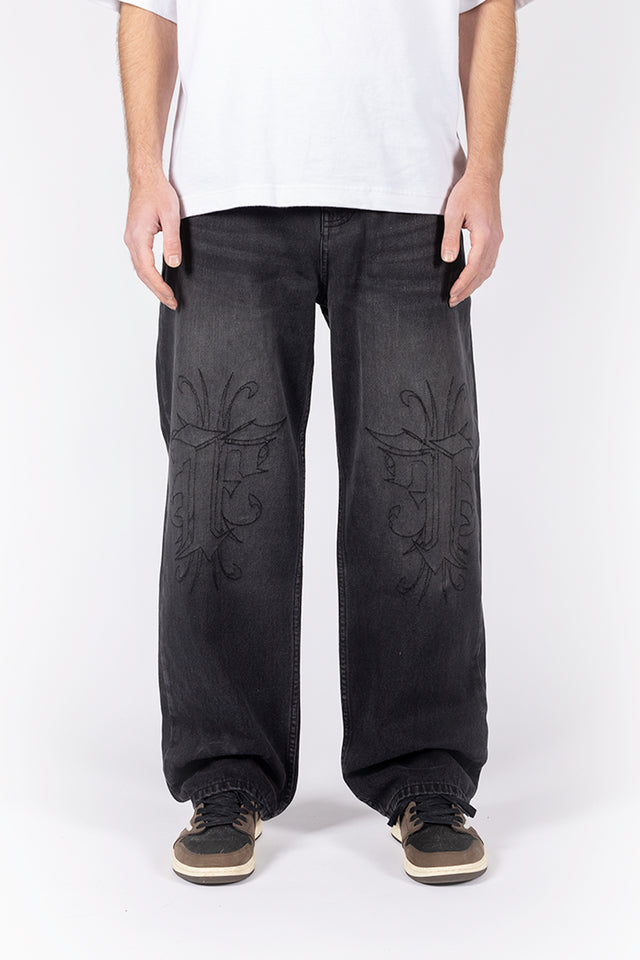 KNEE EMBROIDERY BLACK WASHED DENIM