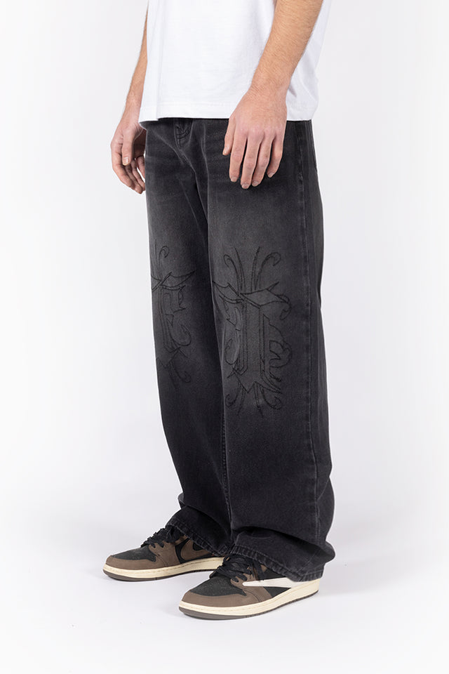KNEE EMBROIDERY BLACK WASHED DENIM