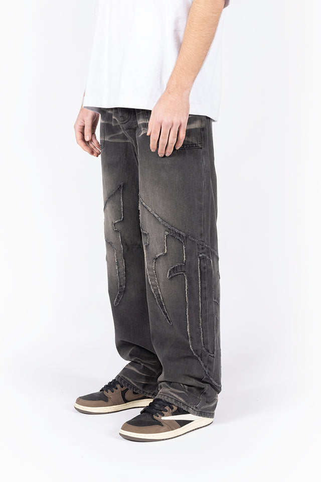 DISTRESSED F BLACK WASHED DENIM