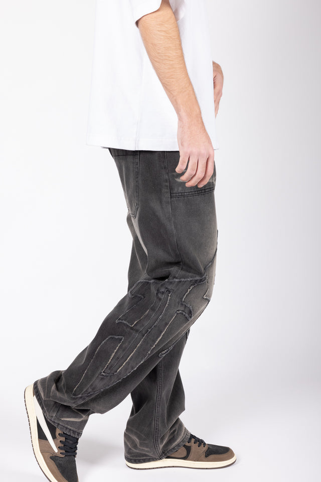 DISTRESSED F BLACK WASHED DENIM
