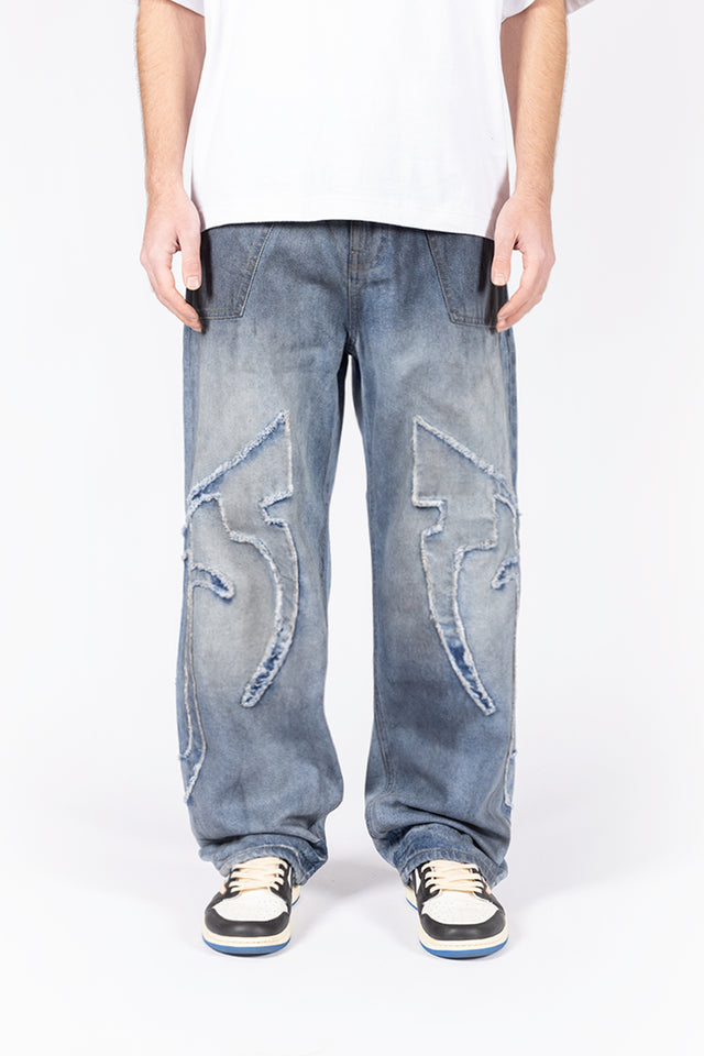 DISTRESSED F DARK BLUE DIRT WASH DENIM