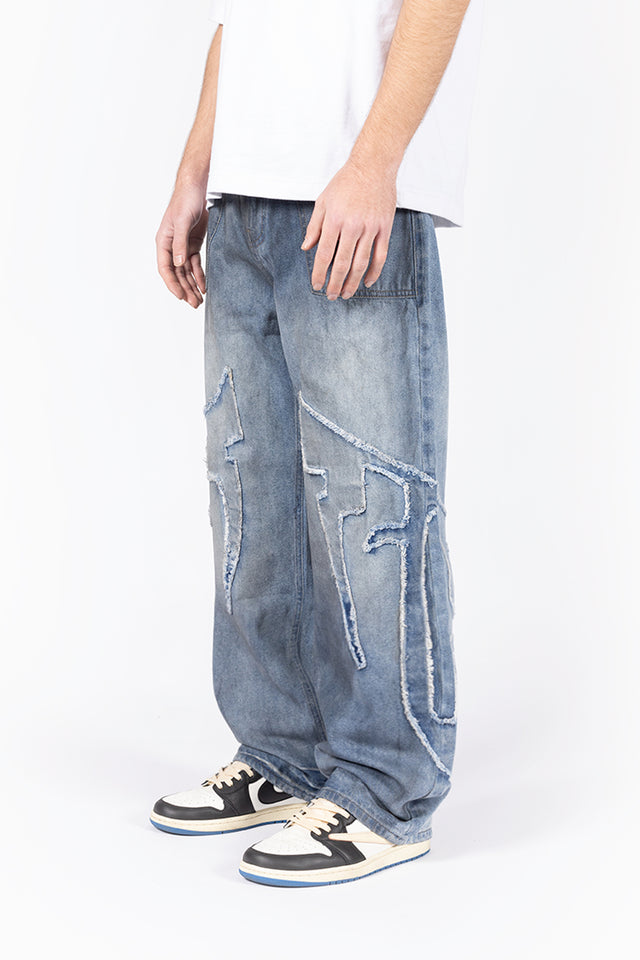 DISTRESSED F DARK BLUE DIRT WASH DENIM