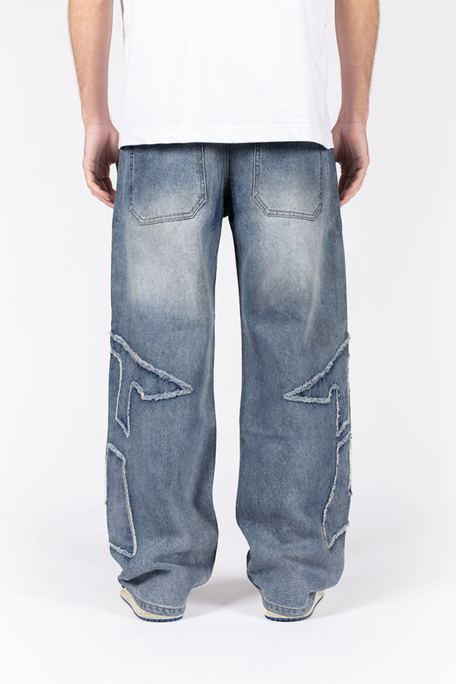 DISTRESSED F DARK BLUE DIRT WASH DENIM