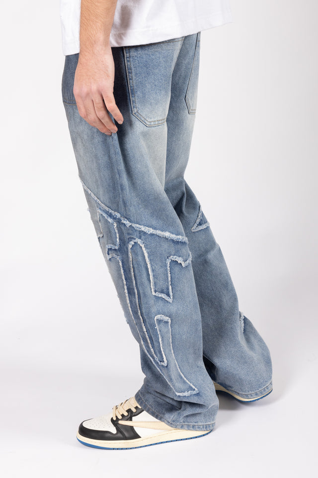 DISTRESSED F DARK BLUE DIRT WASH DENIM