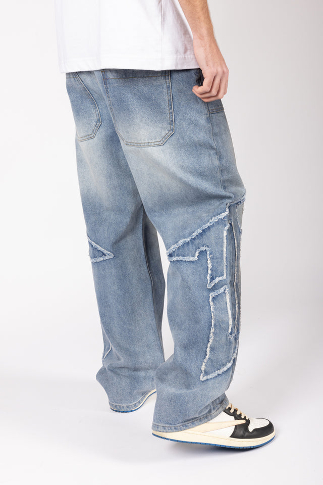 DISTRESSED F DARK BLUE DIRT WASH DENIM