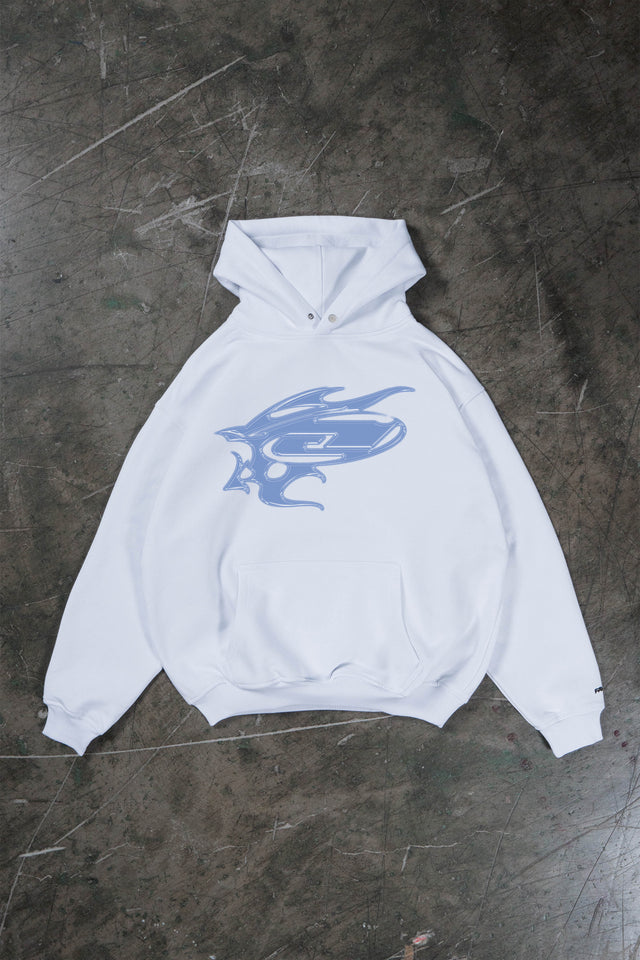 White overzised Hoodie with dusty blue abstrakt signature logo.