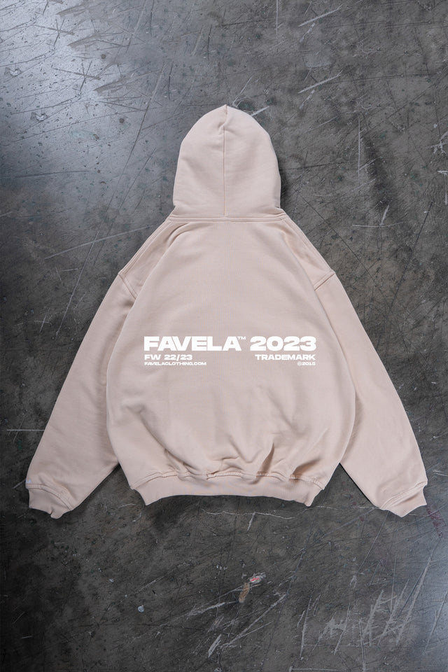 Almond brown streetwear zip hoodie with Favela 2023 backprint