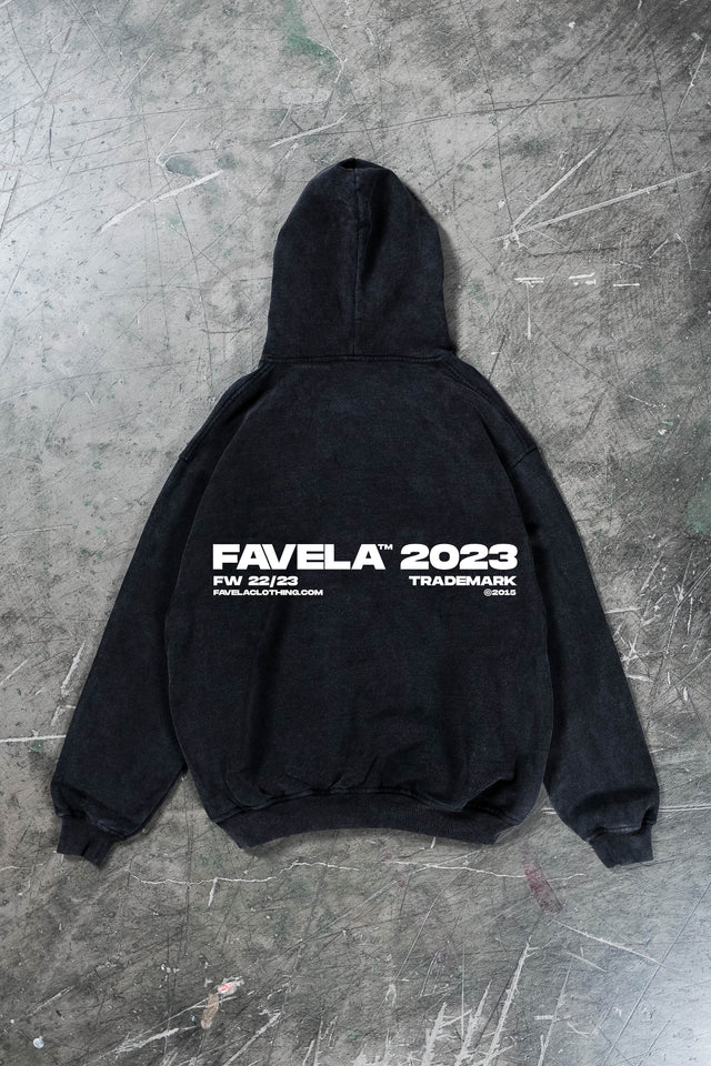 Black washed hoodie with Favela 2021 backprint