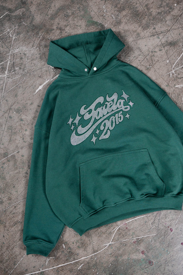 RHINESTONE 2015 HUNTER GREEN SNAP BUTTON HOODIE