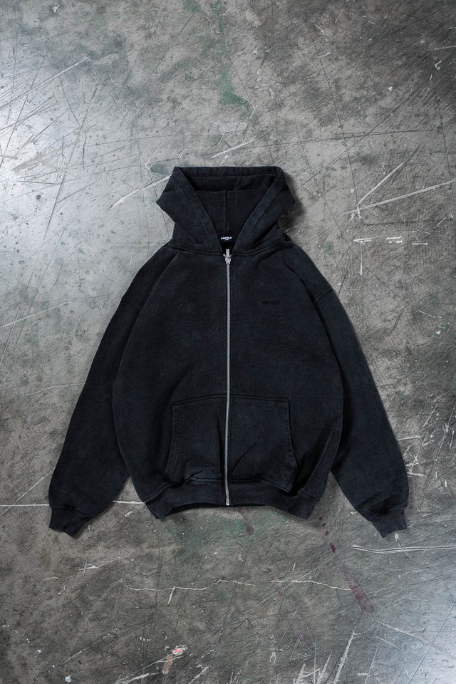 Basic Black Washed Zip Hoodie - Favela Clothing