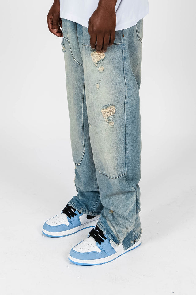 MID BLUE PATCH DISTRESSED DENIM