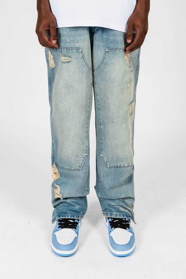 MID BLUE PATCH DISTRESSED DENIM