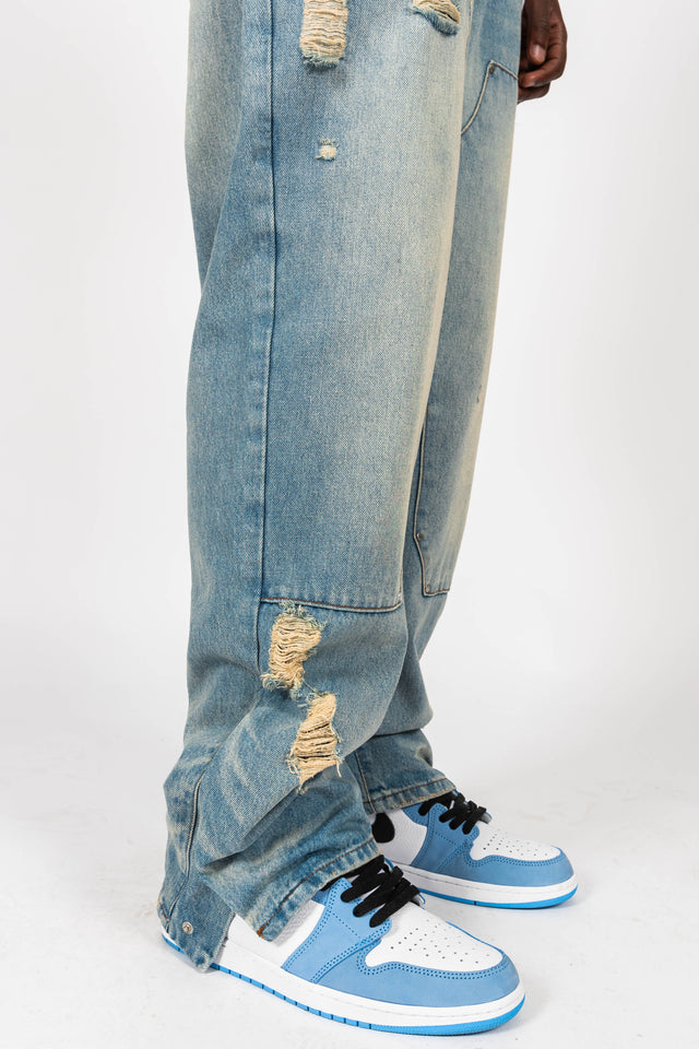 MID BLUE PATCH DISTRESSED DENIM
