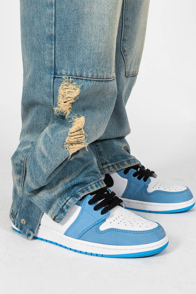 MID BLUE PATCH DISTRESSED DENIM