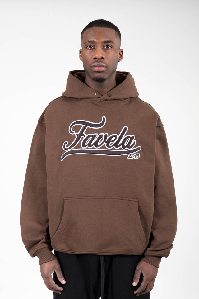 Coffee Brown Snap Button Hoodie with 3D College Favela Logo