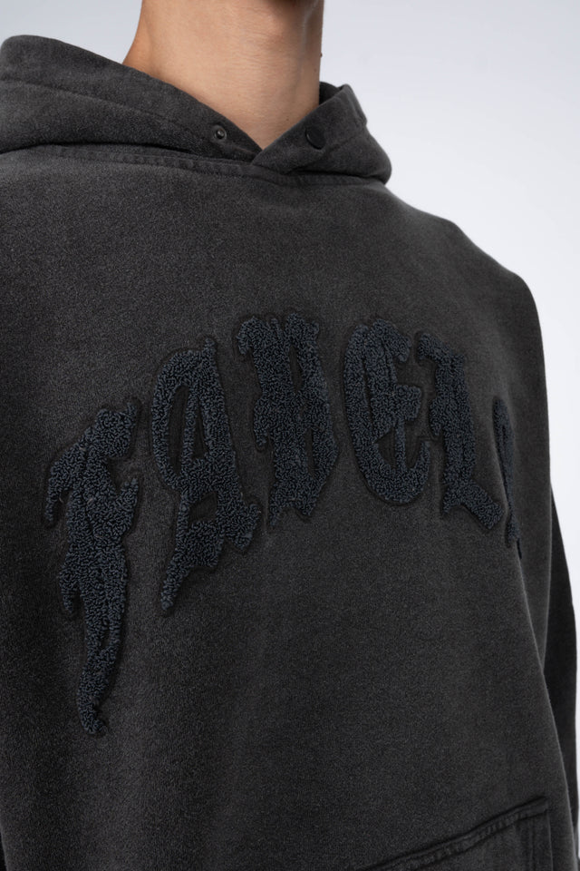 OLD ENGLISH BLACK WASHED SNAP BUTTON HOODIE