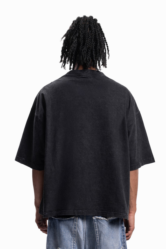 BASIC BLACK TRIBAL BOXY DISTRESSED BLACK WASHED T-SHIRT