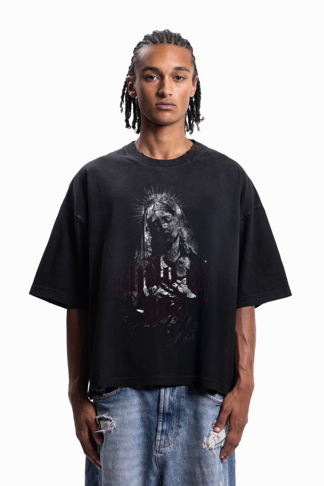 CHILD OF GOD BOXY DISTRESSED BLACK SUN DRIED T-SHIRT