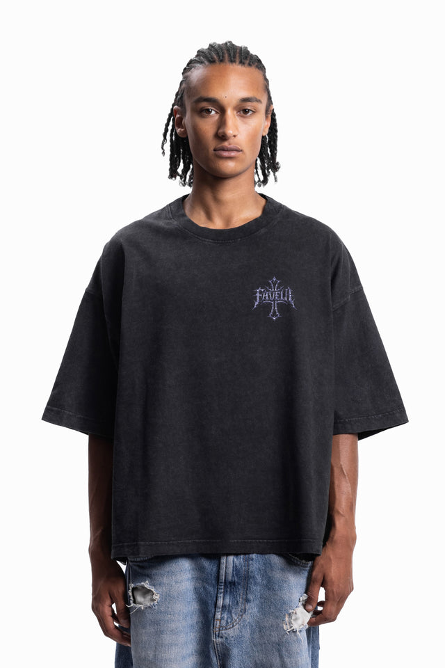 CHROME CROSS DISTRESSED BLACK WASHED T-SHIRT