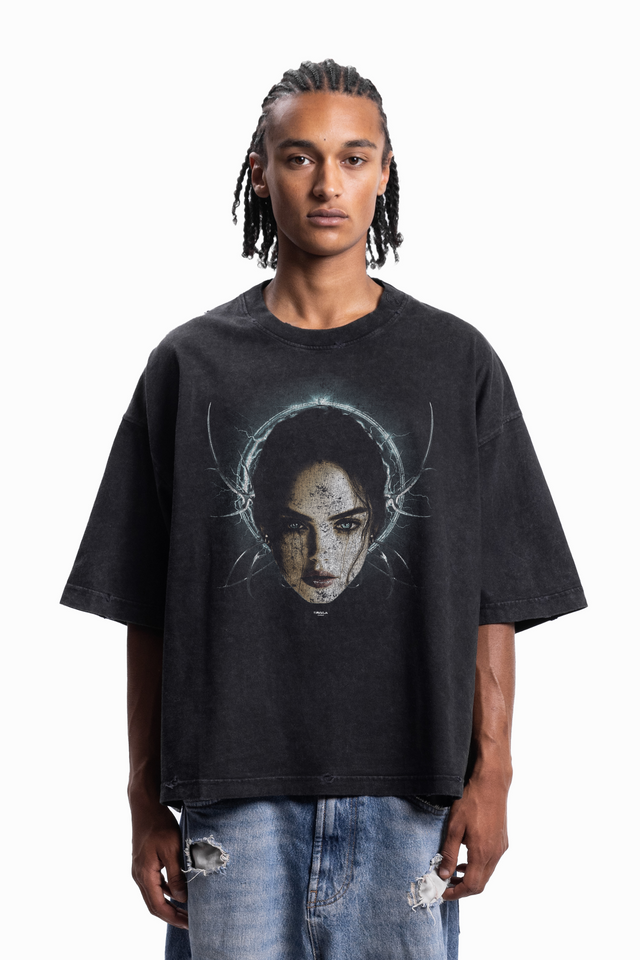 CHROME GIRL BOXY DISTRESSED BLACK WASHED T-SHIRT