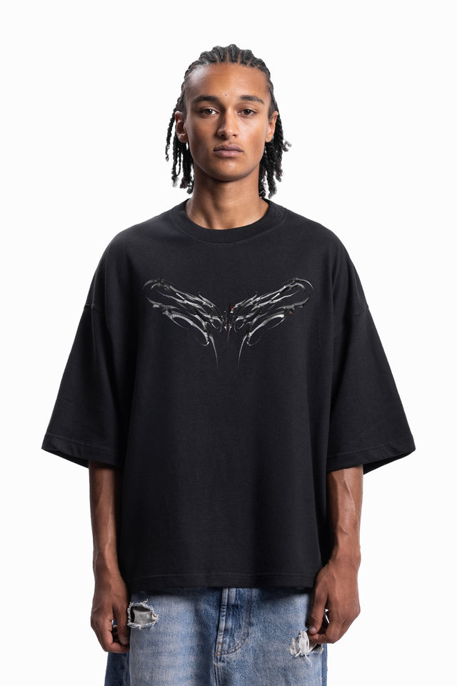 CHROME TRIBAL CROSS DISTRESSED BLACK BOXY T-SHIRT